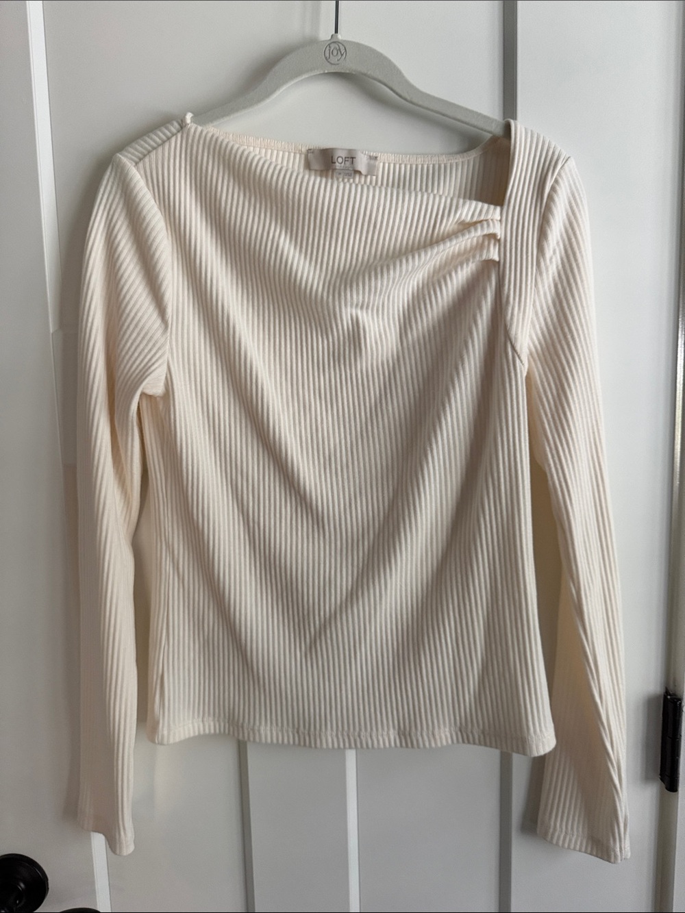 LOFT Cream Ribbed Long Sleeve Top with Asymmetric Neckline Detail